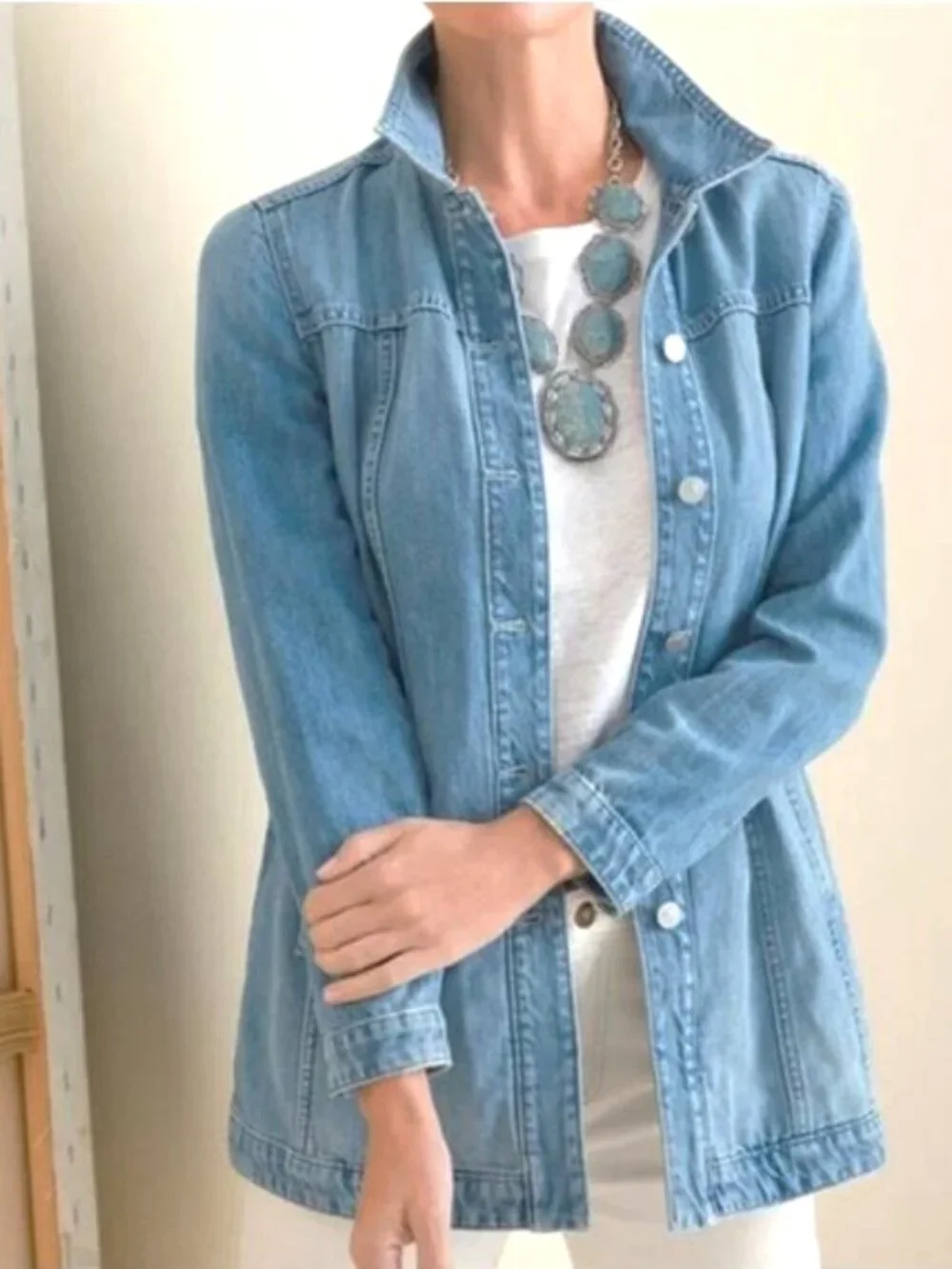 Chico’s Elongated Denim Worn Look Jacket size 1